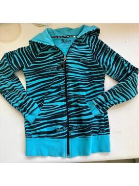 Abbey Dawn blue zebra print zip up hoodie with ears! Size S7